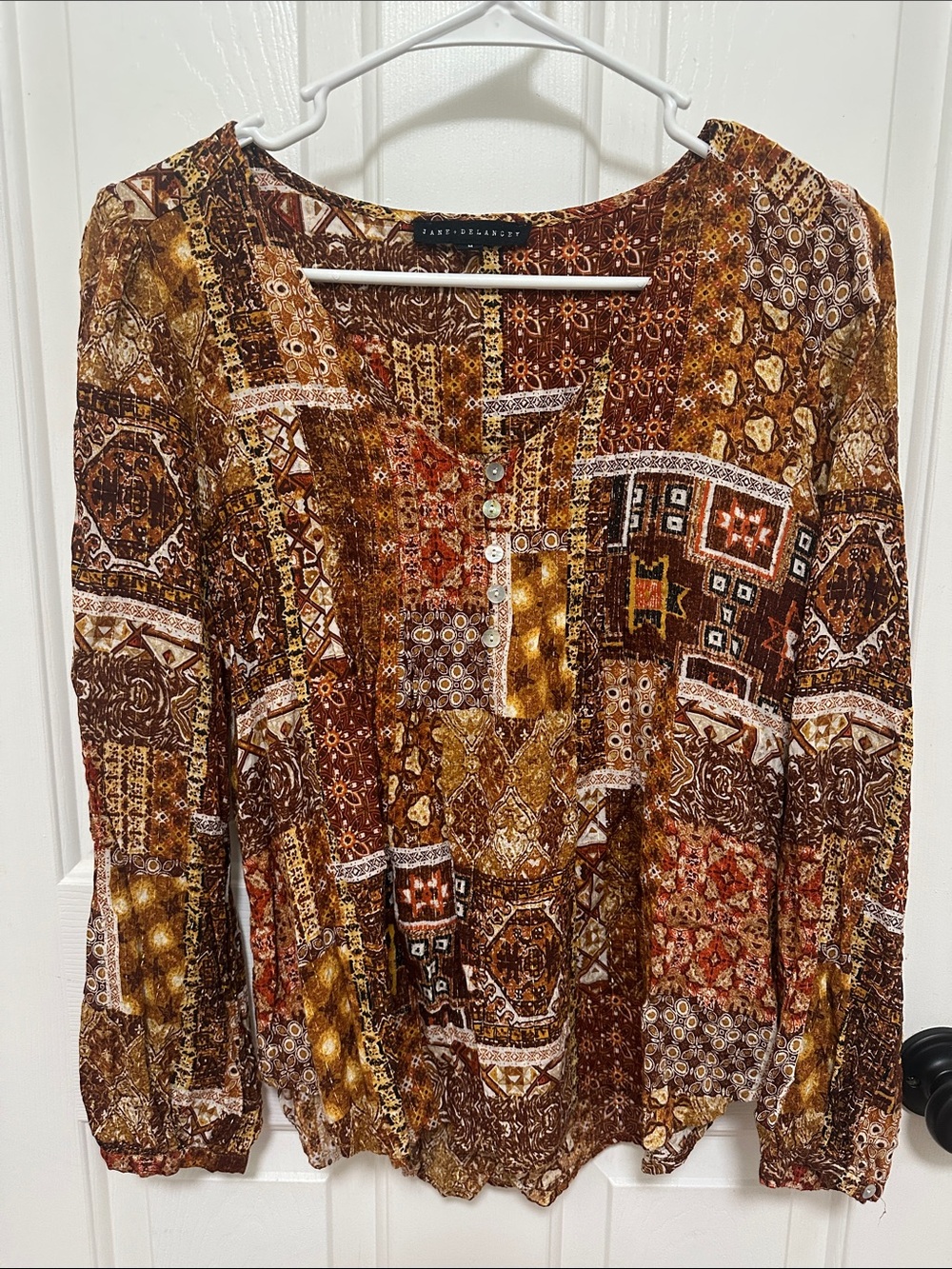 0236 Jane and Delancey Brown & Gold Patchwork-Print Long Sleeve Blouse medium